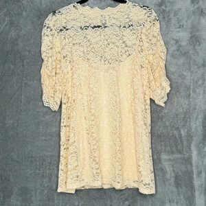 Dorose XL Shirt Top Cream‎ Floral Ruched Short Sleeve High Neck Sheer Stretch